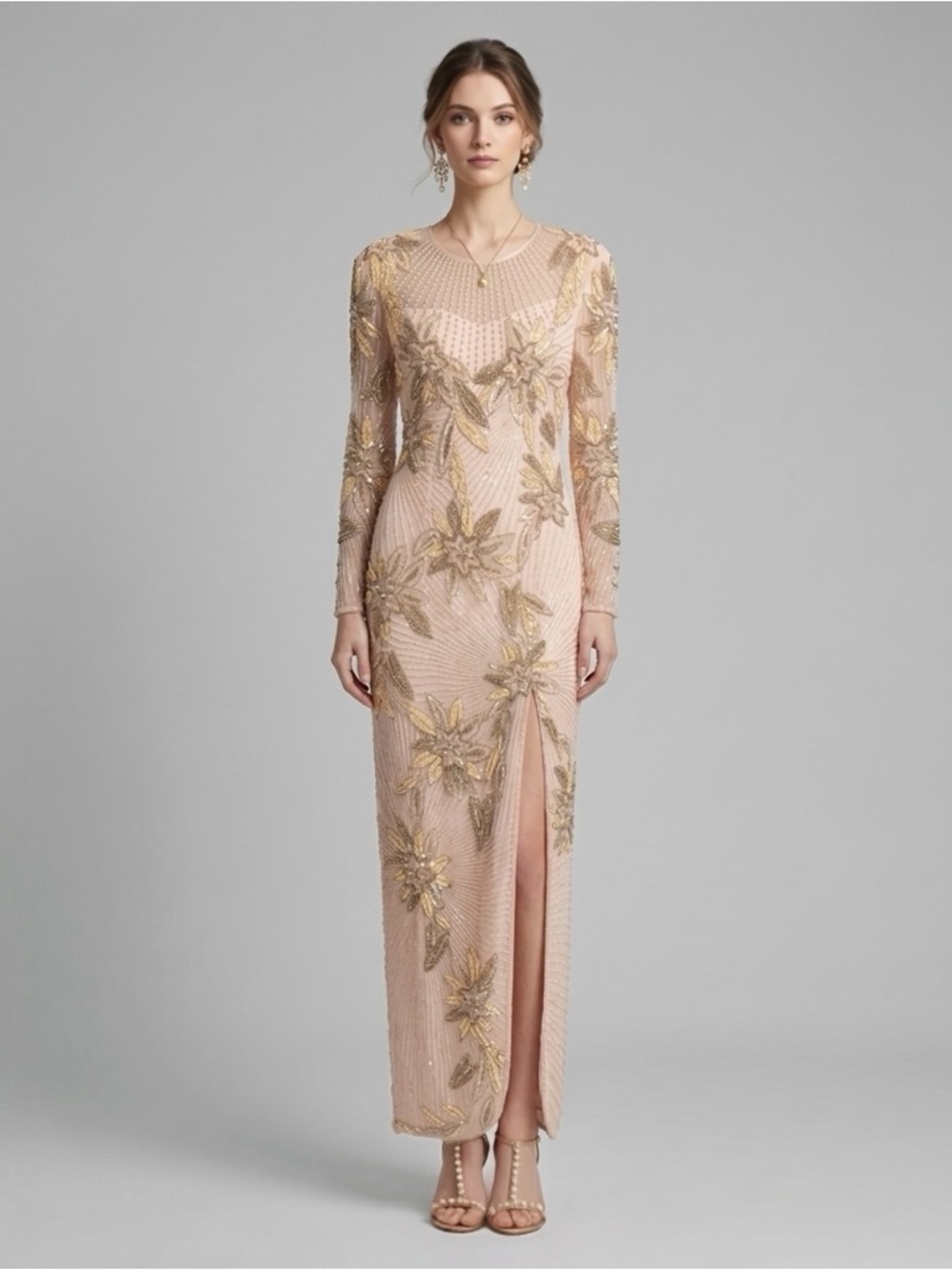 Vintage Oleg Cassini Blush Pink Beaded Sequin Floral Pearl Gown 4